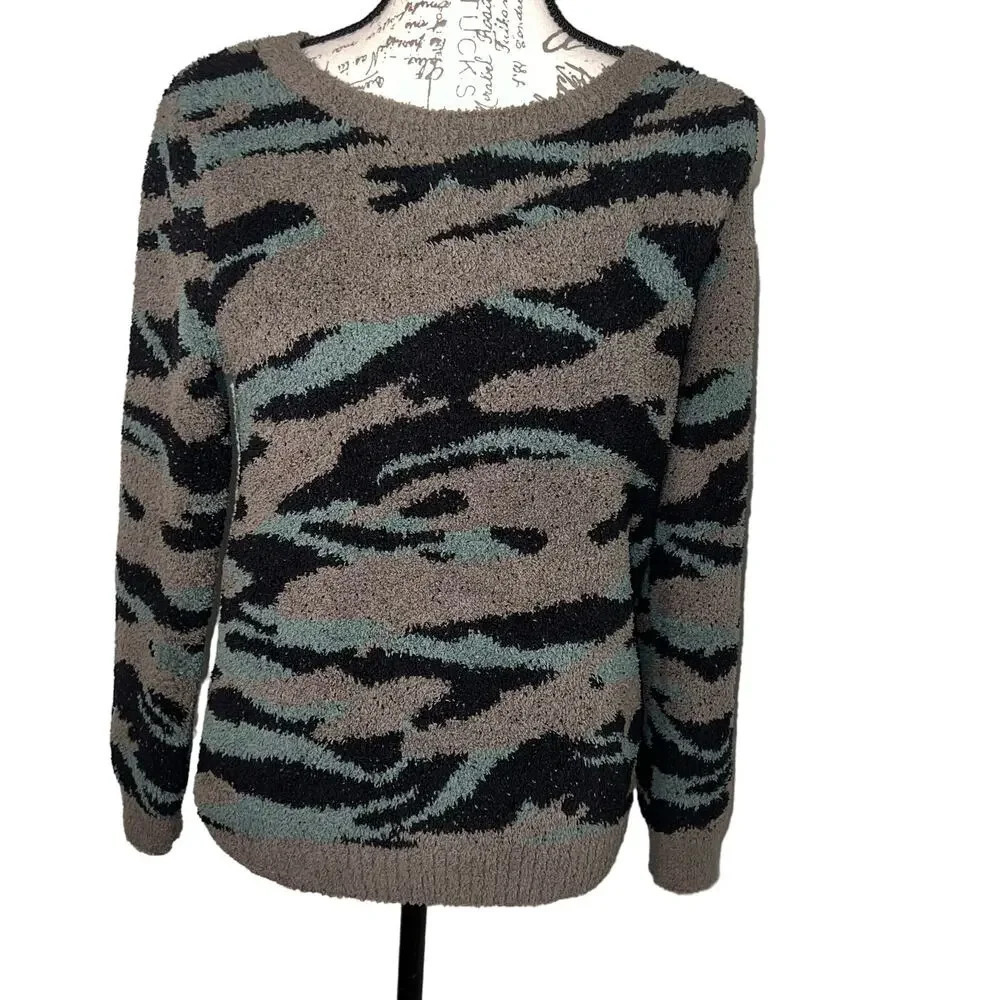 Barefoot Dreams Cozy Chic XS Womens Long Sleeve Crewneck Camo Stretchy Sweater
￼